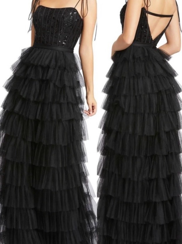 Mac Duggal Black Tiered Ruffled Tulle Evening Gown